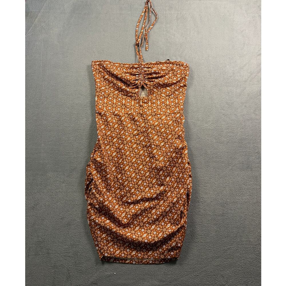 Princess Polly Brown Retro Floral Ruched Halter Cutout Bodycon Mini Dress Size 8